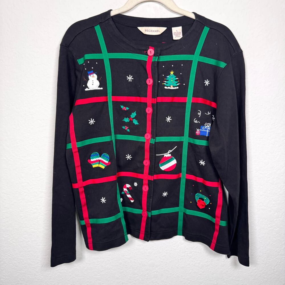 Bechamel Womens Vintage Holiday Christmas Button Top Size L Cotton Festive Black